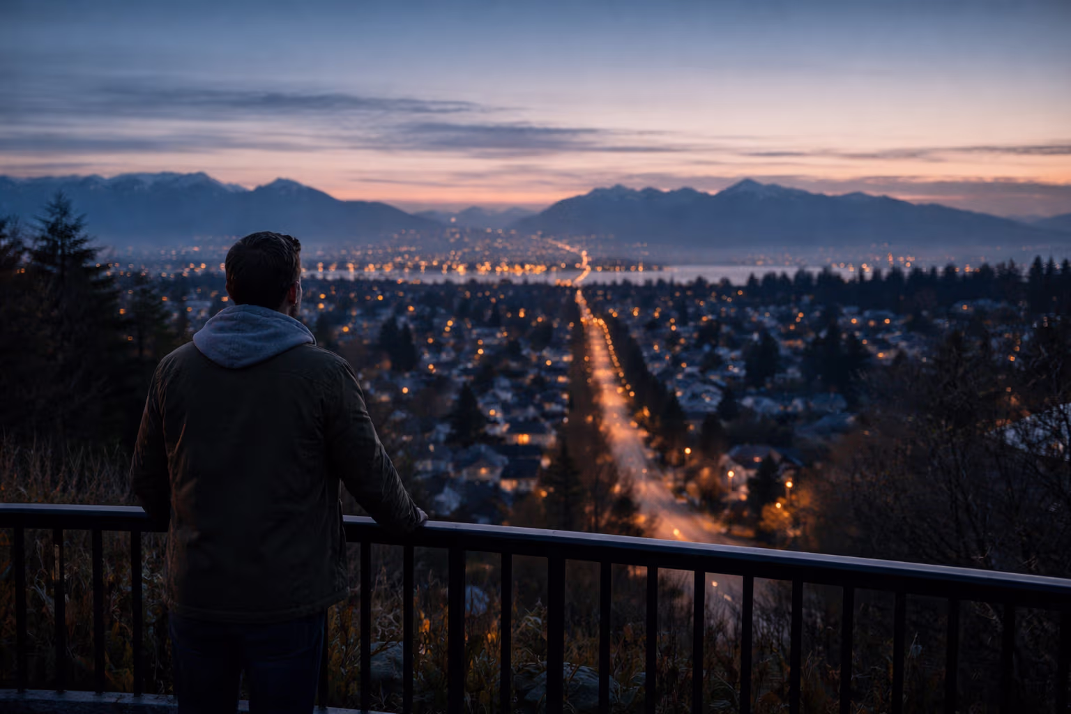 Person overlooking Vancouver at dawn, representing disciplined credit rebuild momentum