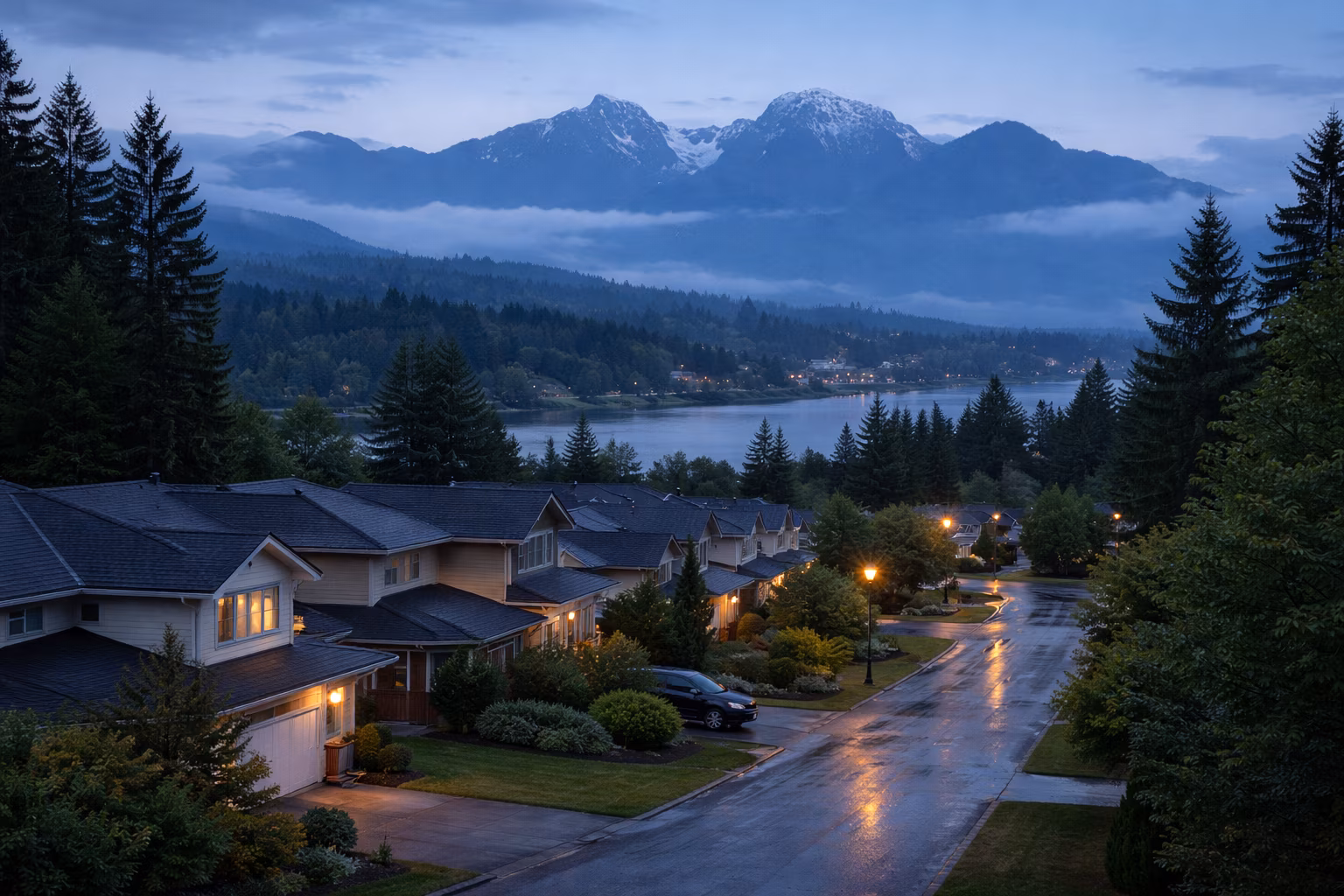 Blue-hour Maple Ridge neighbourhood near the Fraser River with mountains and wet pavement
