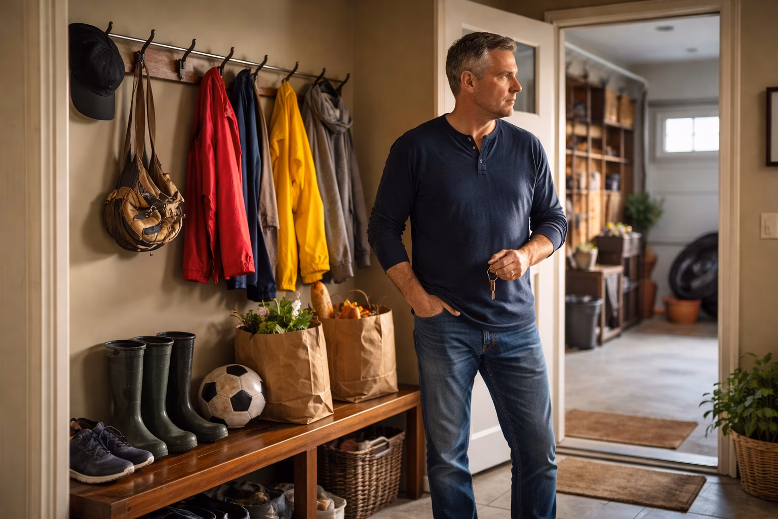 Maple Ridge family mudroom and garage entry during an evening routine