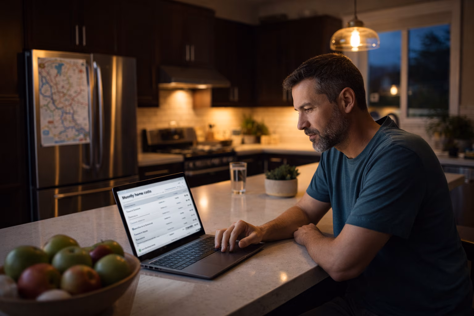 Port Coquitlam homeowner reviewing monthly housing costs on a laptop in a kitchen