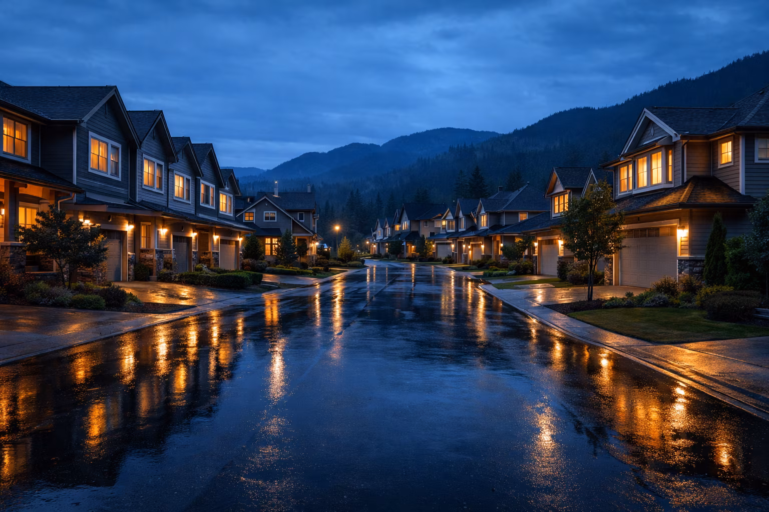 Modern Abbotsford residential development with varied home types at golden hour, showing borrower scenarios and financing pathways