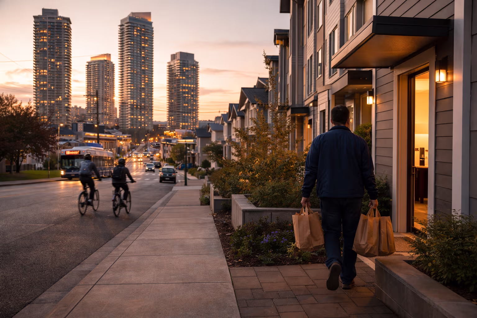 A Burnaby mixed-housing streetscape in Brentwood with shops and transit nearby.
