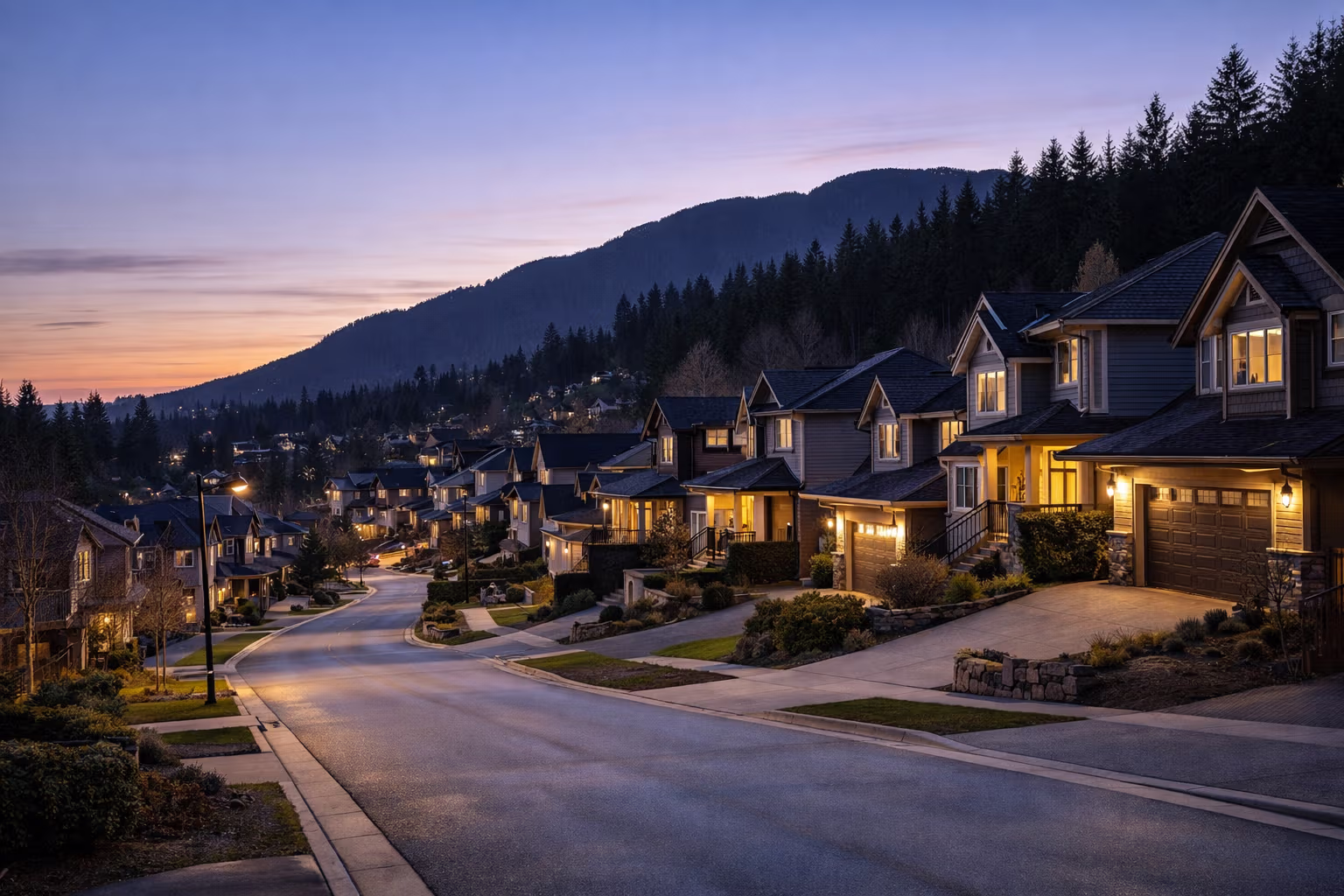 Twilight over Coquitlam hillside homes near Westwood Plateau