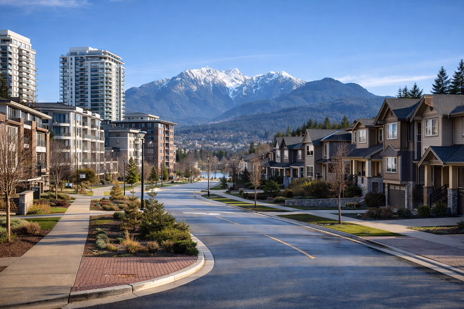 Coquitlam Town Centre mixed condo and townhome streetscape near Lafarge Lake