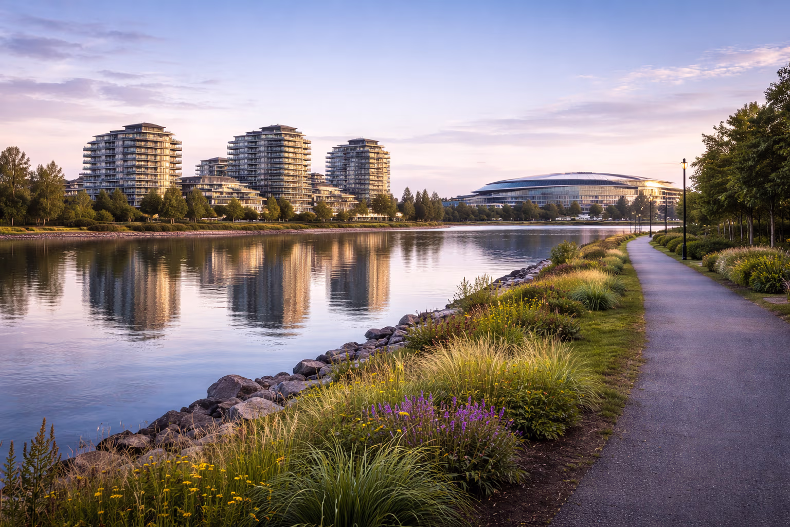 Morning view near Richmond Olympic Oval and Fraser River pathway with modern housing in the background.