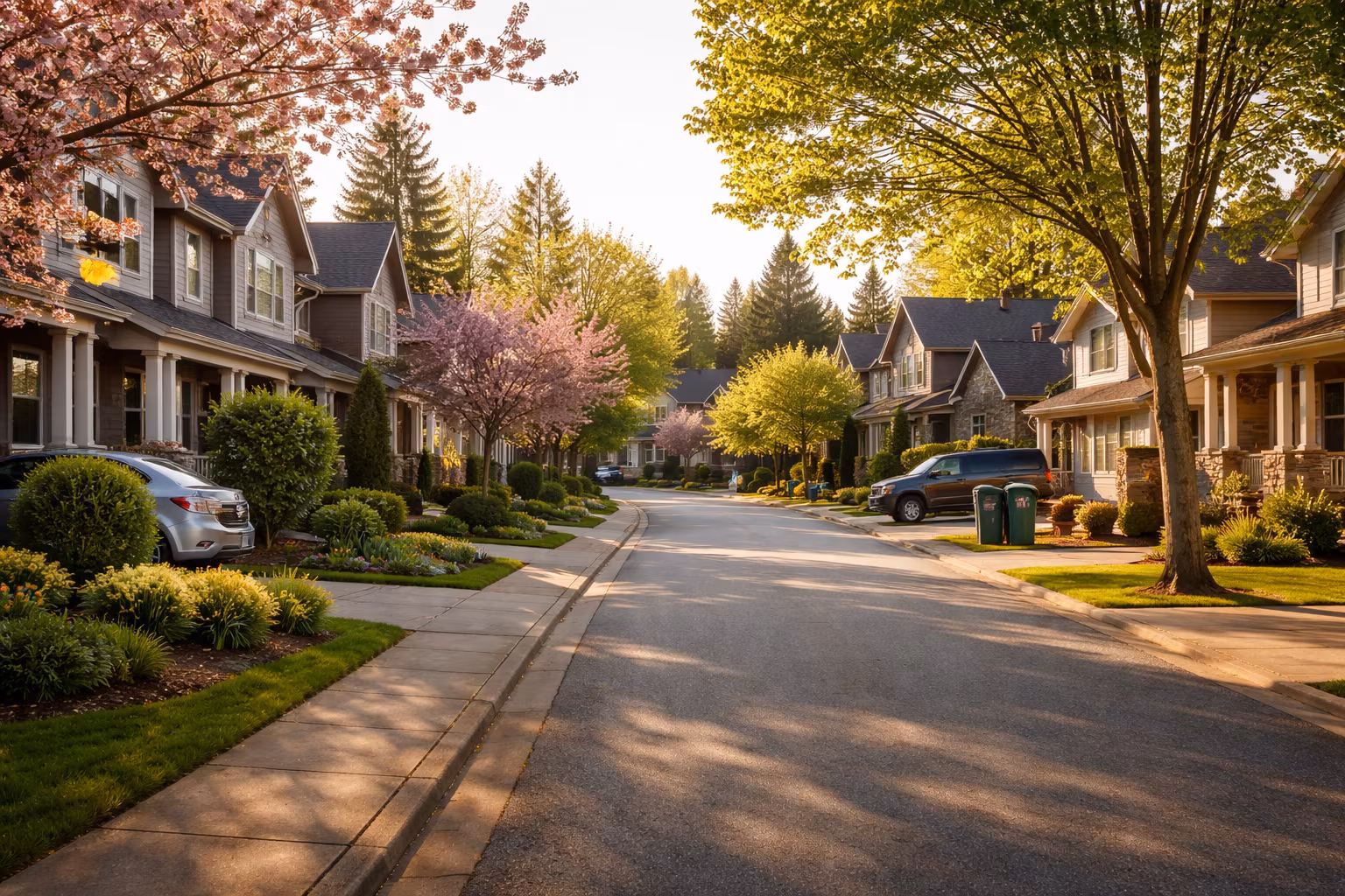 Tree-lined Surrey suburban street at spring golden hour