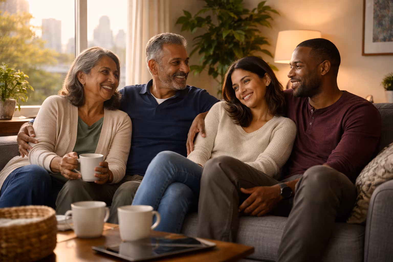 Multigenerational Canadian family discussing home financing together in a warm living room