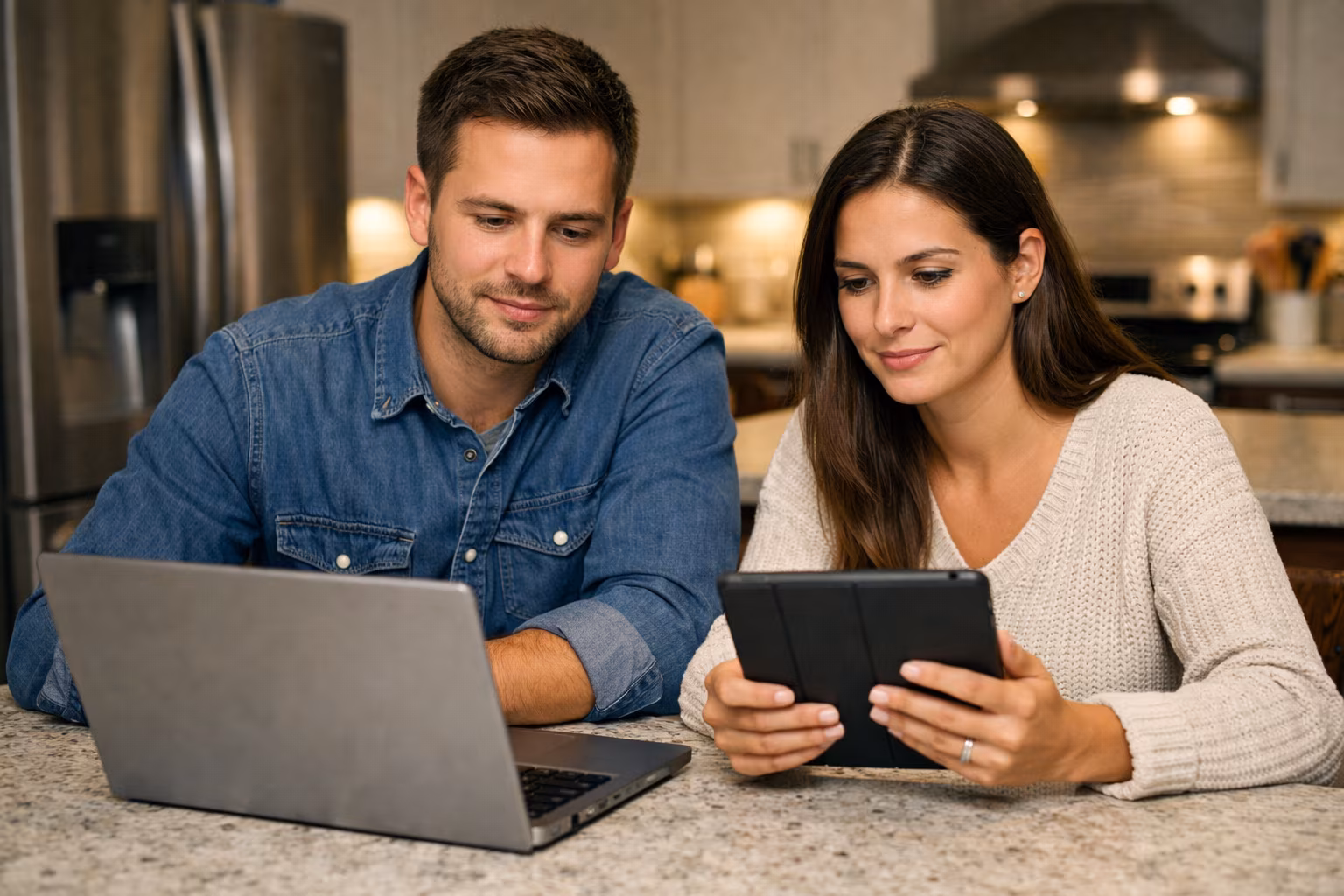Canadian couple at kitchen island reviewing mortgage options on laptop and tablet