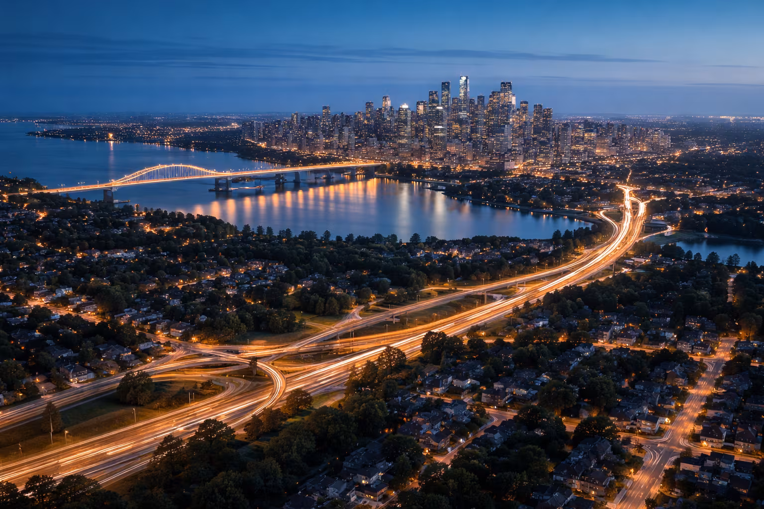 Canadian skyline and neighborhood connected by bridge symbolizing long-term mortgage flexibility decisions