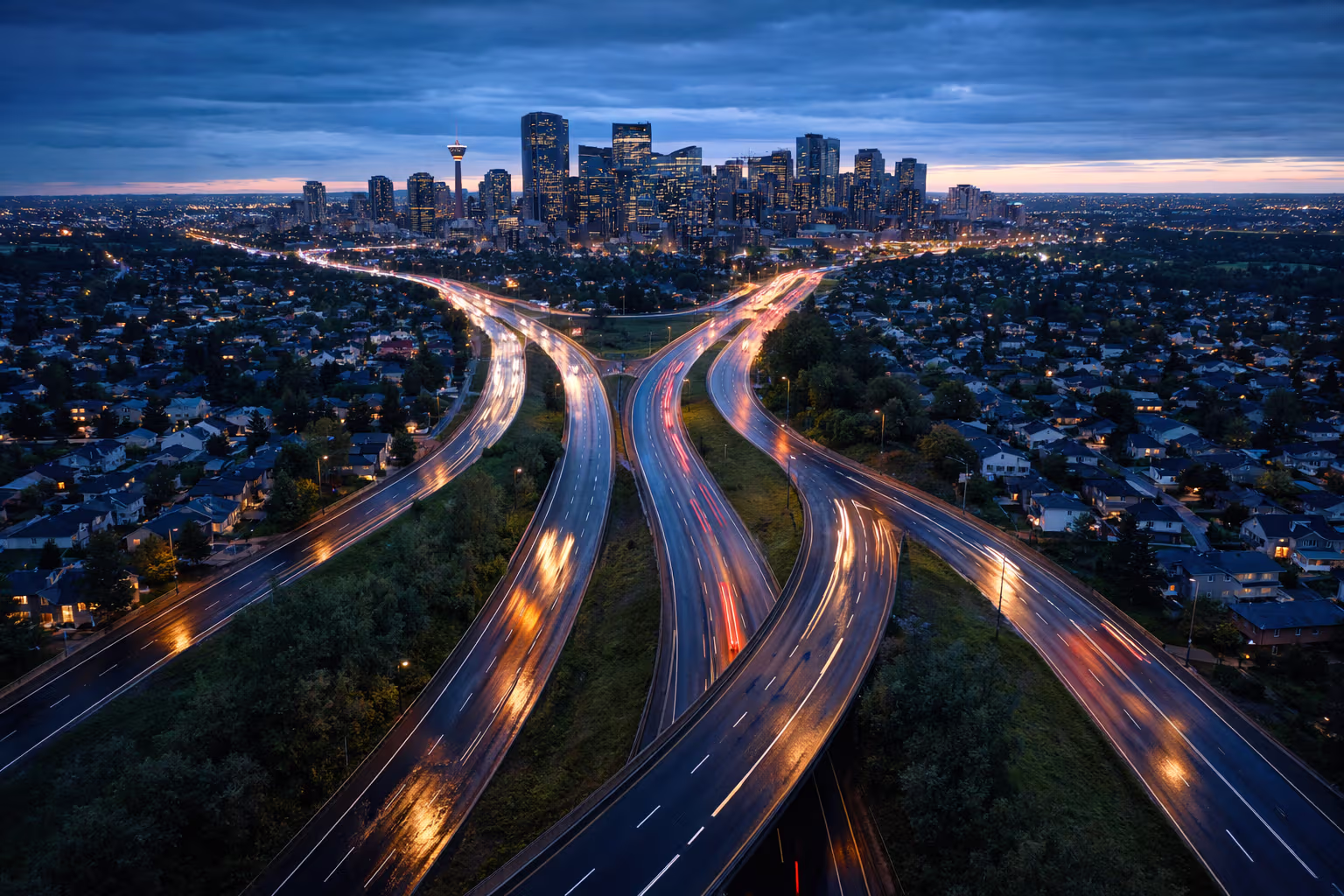 Canadian neighborhood and skyline connected by bridge symbolizing long-term mortgage rate planning