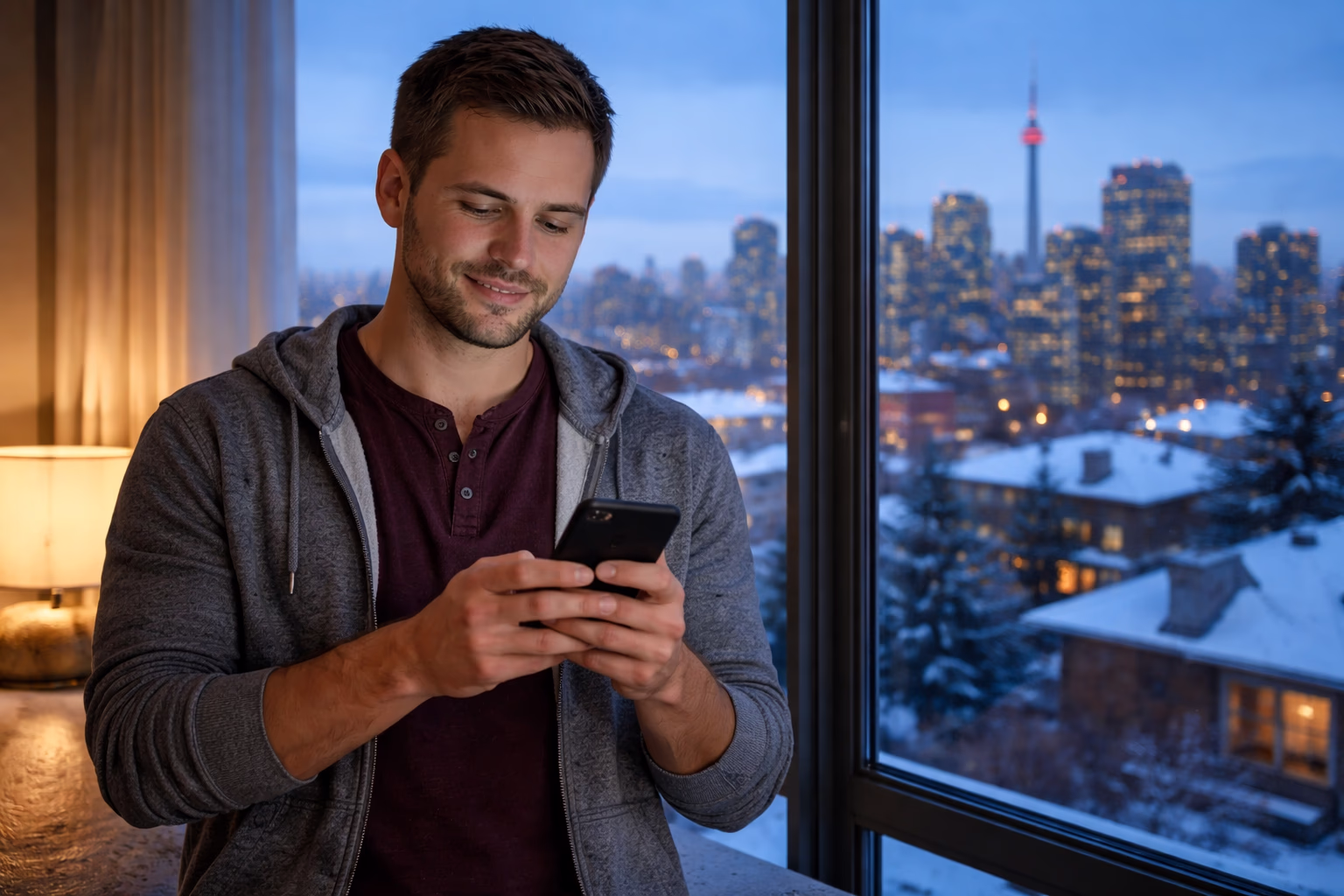First-time Canadian homebuyer standing by a condo window at blue hour while reviewing mortgage numbers on a smartphone