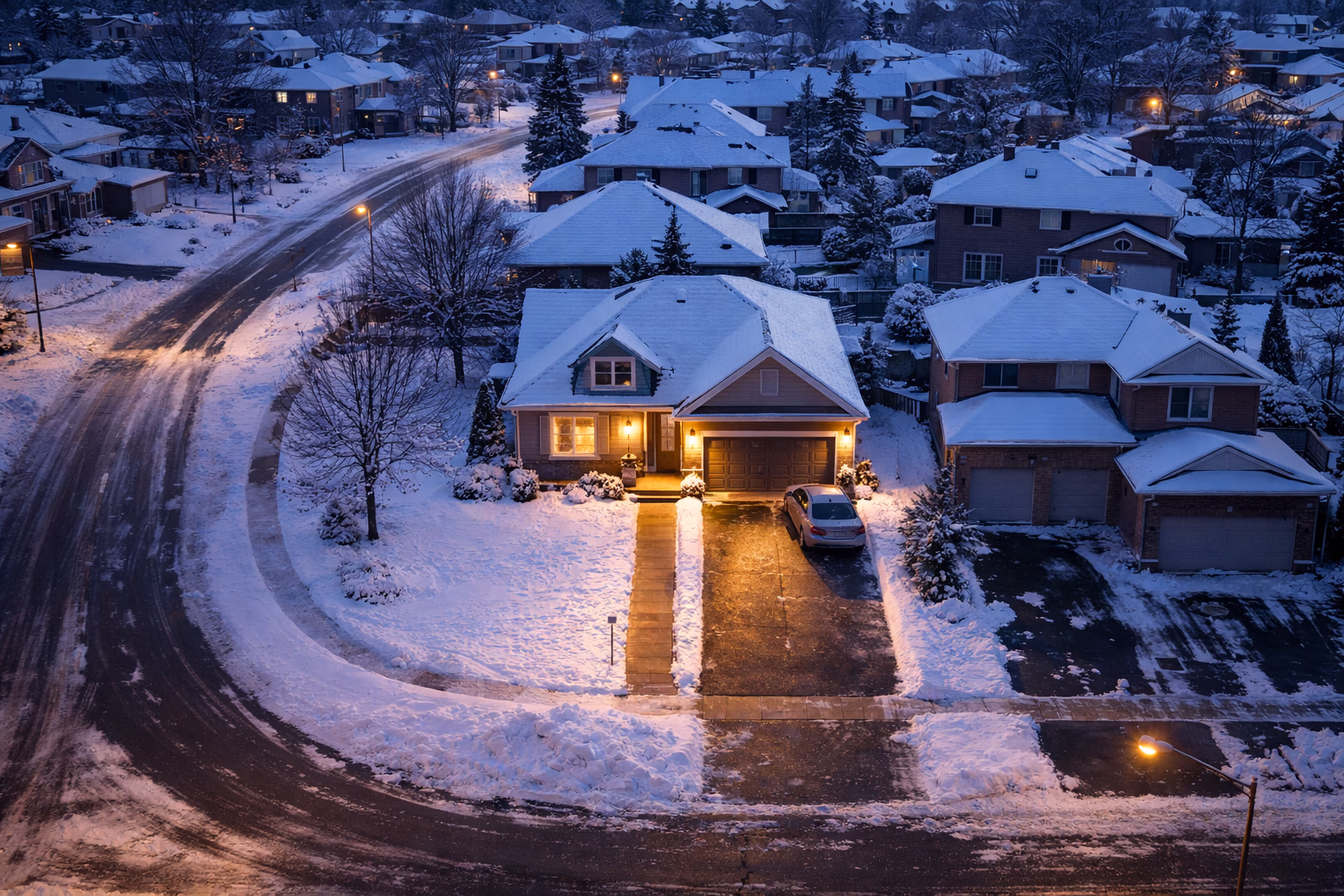 Winter morning aerial of a Canadian suburban block with one freshly cleared driveway symbolizing pre-approval readiness