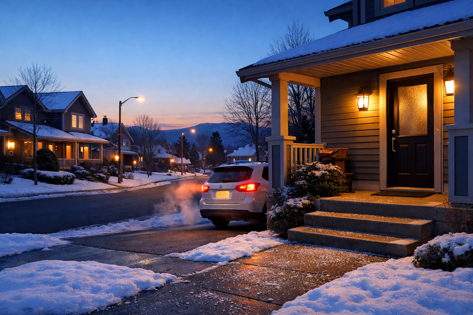 Quiet Canadian neighbourhood before sunrise with porch lights and a prepared home exterior