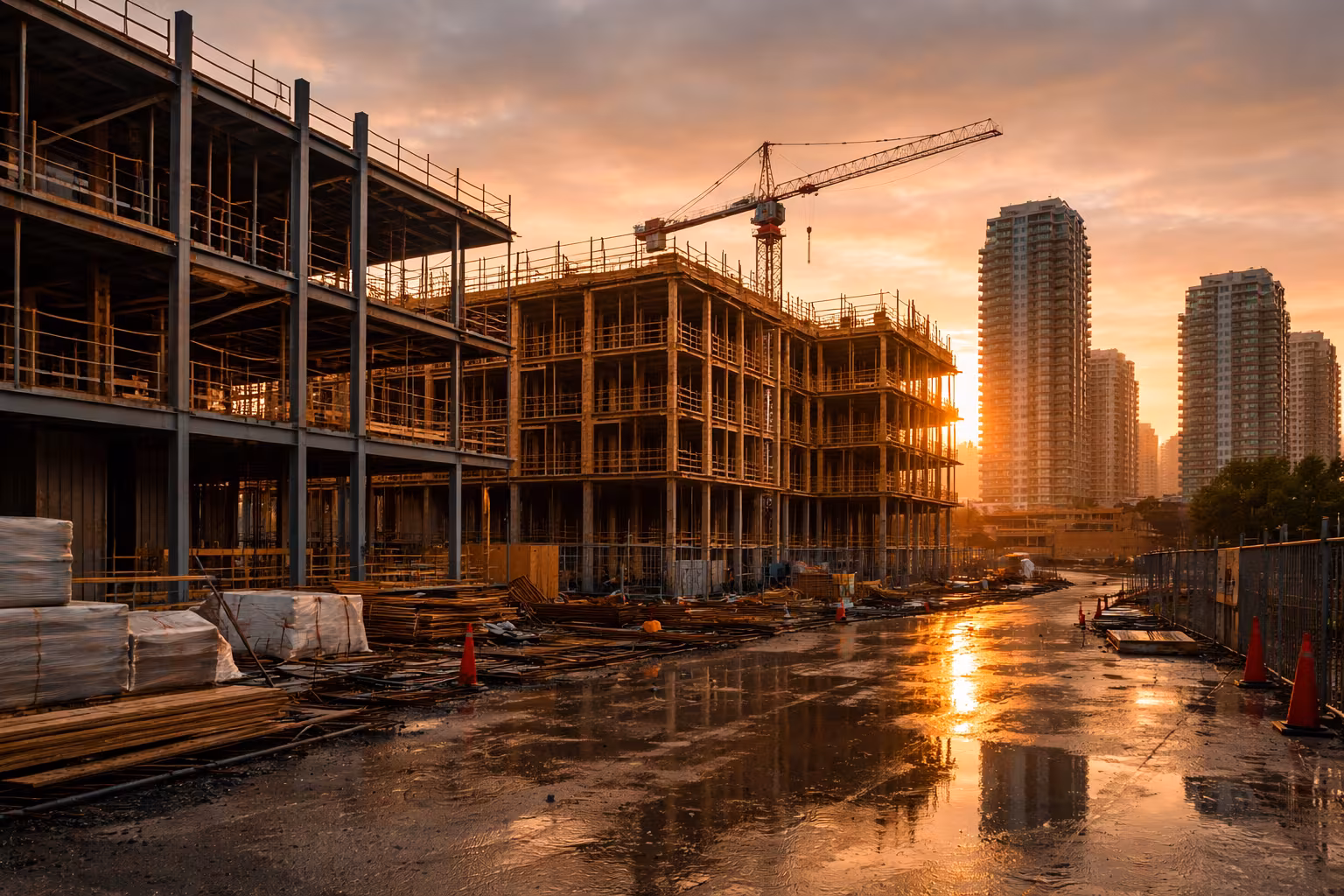 Construction crane above new Canadian condo towers during golden hour, showing new-build housing supply tied to rebate eligibility windows