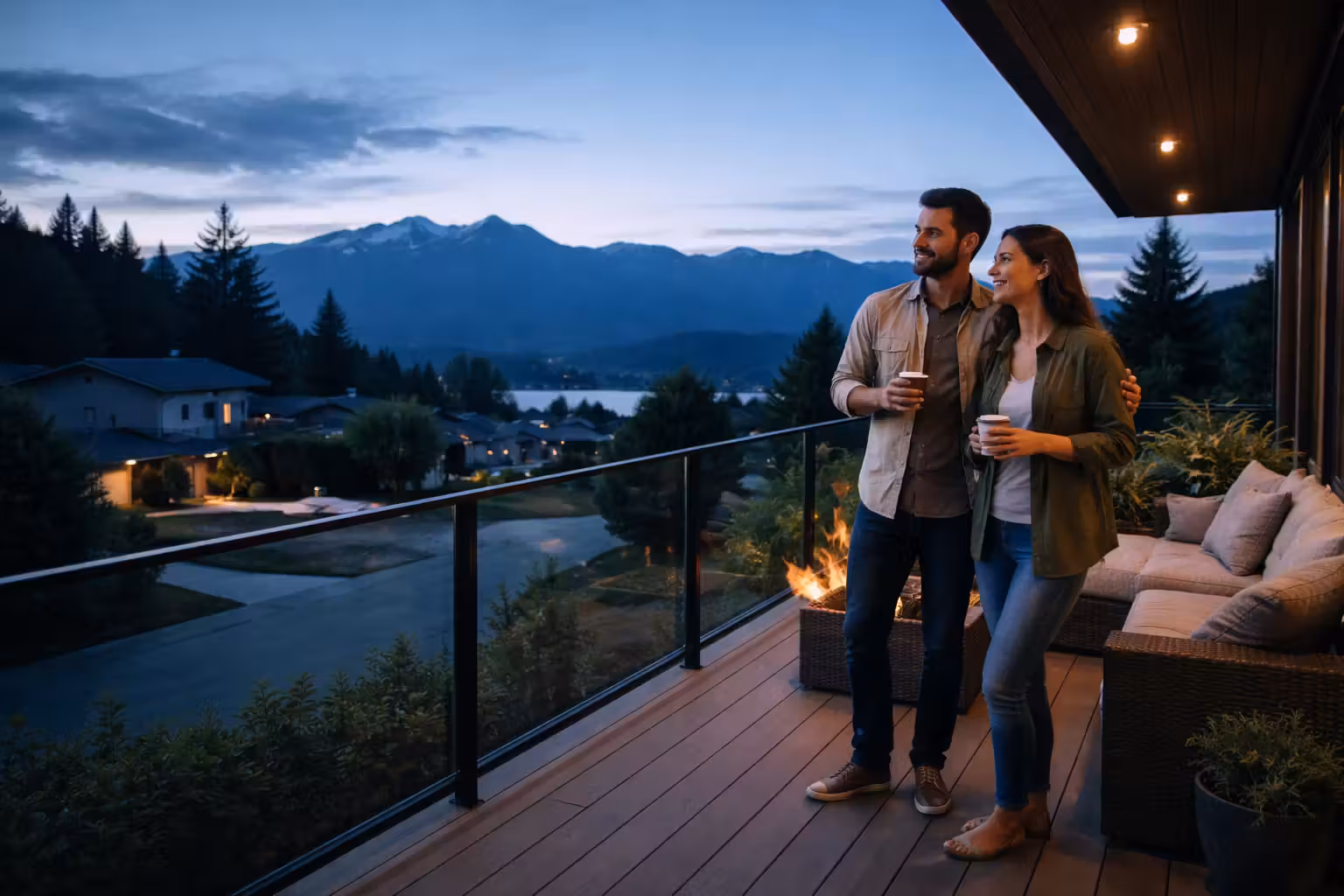 Canadian homeowners reviewing HELOC plans on a deck at blue hour