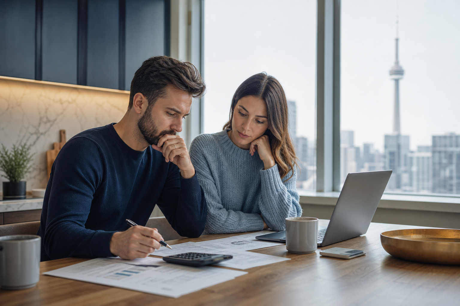 Canadian couple reviewing mortgage papers