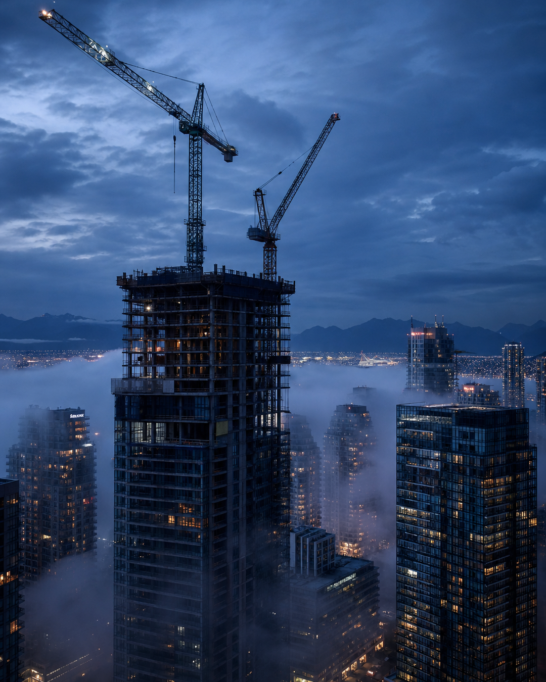 A Metro Vancouver construction site at blue hour, with two tower cranes silhouetted against a deep navy evening sky above a partially built concrete highrise tower, low fog drifting between completed glass condo towers in the background. The cranes are illuminated, the concrete skeleton shows exposed rebar at the top floors, and the surrounding glass towers are dotted with warm interior lights. Editorial magazine cover photography, cinematic, depth, atmospheric perspective.