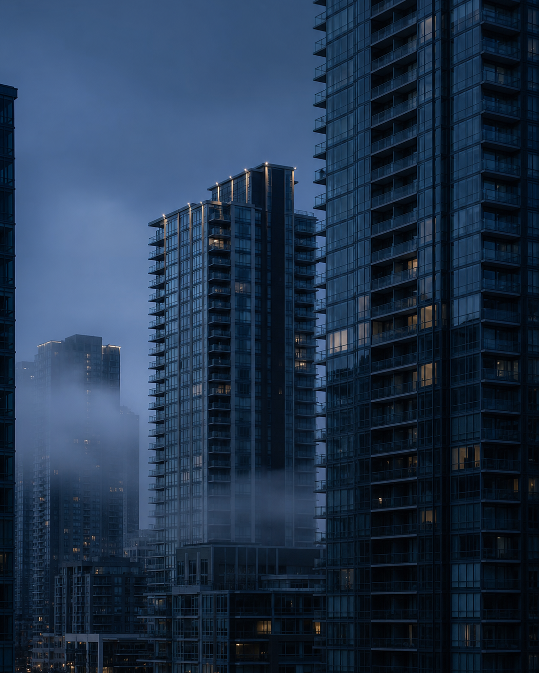 Completed Metro Vancouver condo towers at blue hour, the windows mostly dark — a visual representation of the standing-inventory overhang weighing on new-launch economics. Low fog drifts through the towers, the harbor in the foreground, moody and somber, no people, no text, editorial magazine photography, depth, ultra sharp.