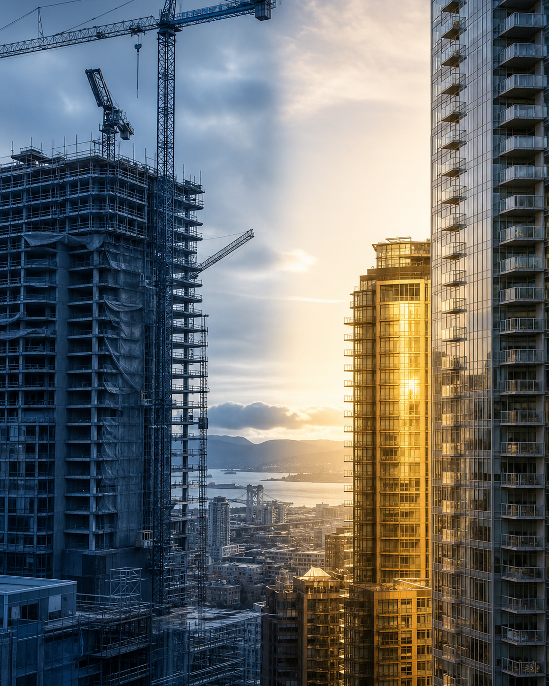 A split composition over Metro Vancouver: the left side is cold blue concrete and steel under construction with cranes silhouetted against a brooding sky; the right side is warm golden dawn light catching the glass faces of completed condo towers. The visual captures both the bear and the bull case in a single frame. No text, no logos, no watermark, cinematic magazine cover photography, depth, ultra sharp.