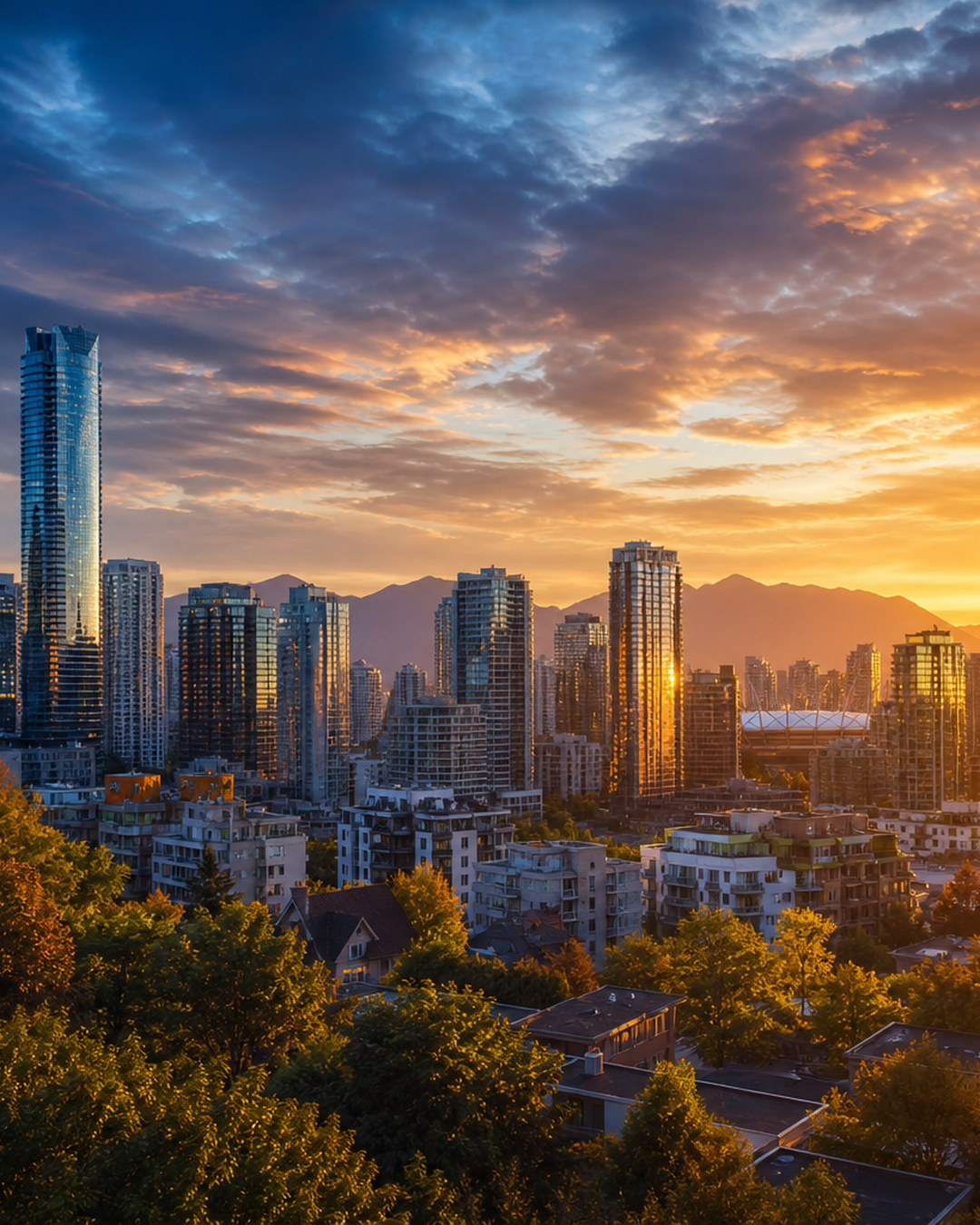 Sunrise breaking over Metro Vancouver harbor, warm golden light catching the faces of completed glass condo towers, calm reflective water in the foreground, no construction cranes visible, no people, no text, no logos, no watermark, cinematic hopeful magazine cover photography, depth, ultra sharp.