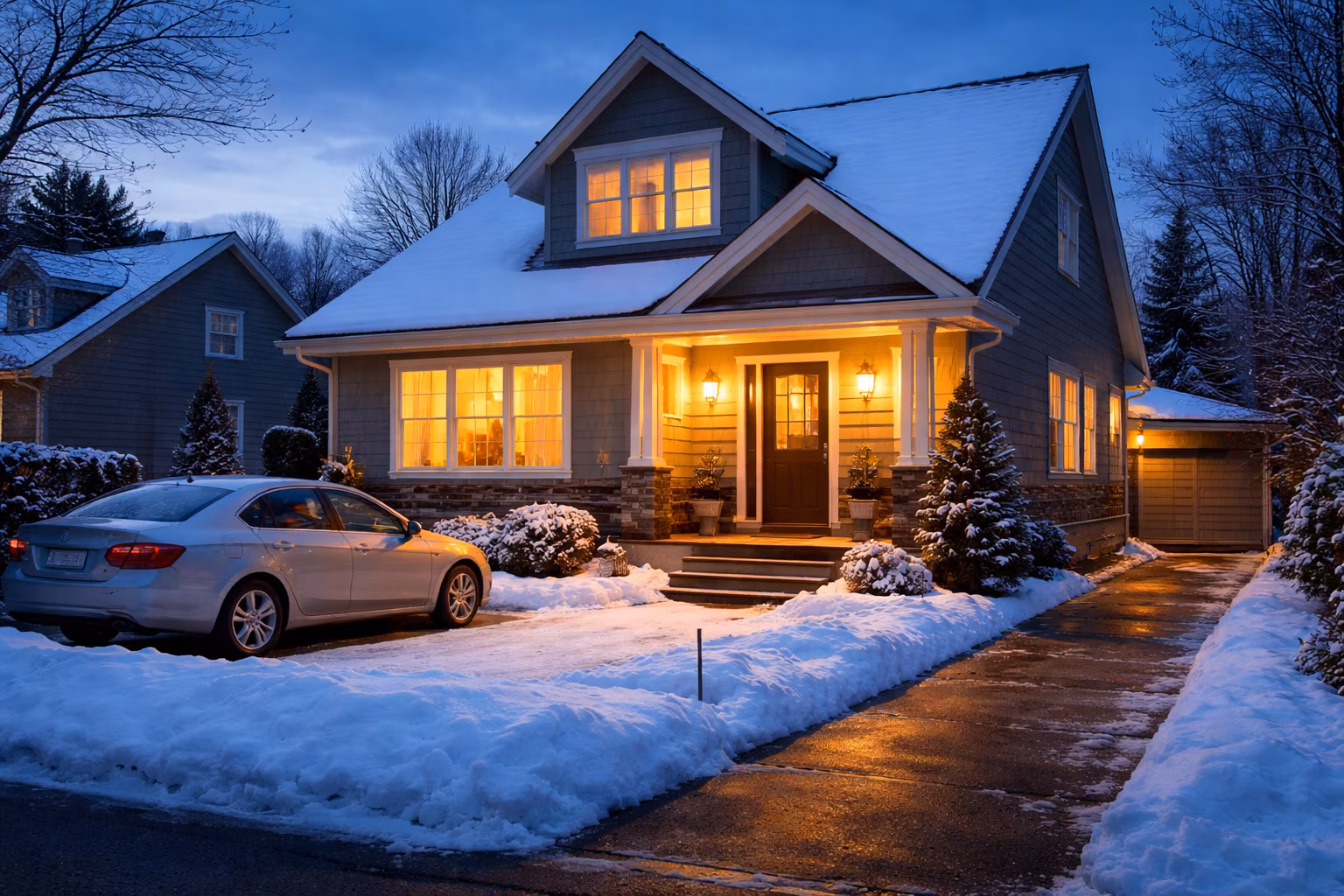 Blue-hour exterior of a modest Canadian home with cleared walkway and warm lights