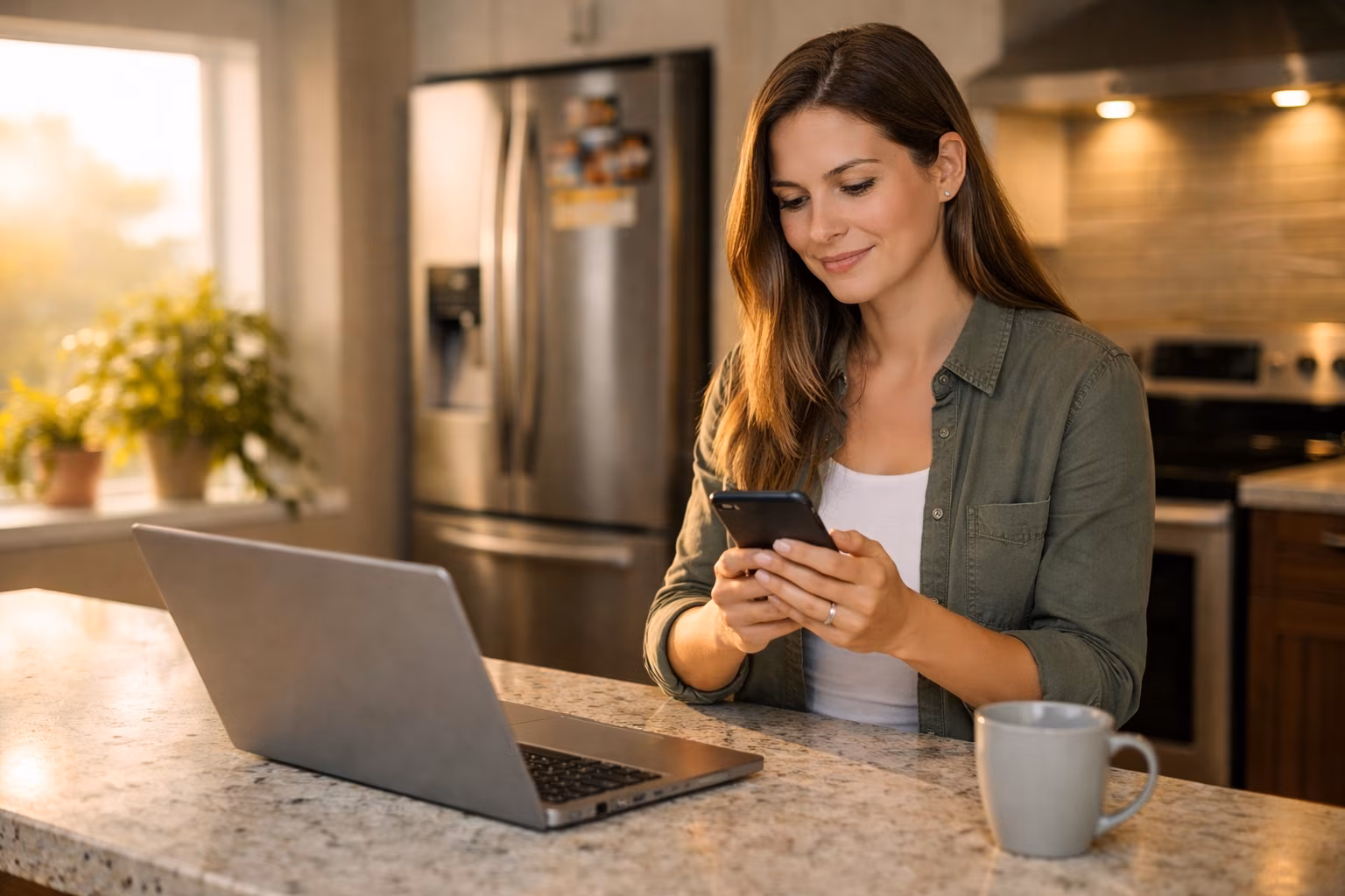 Canadian homeowner in a warm kitchen planning debt-consolidation mortgage payments