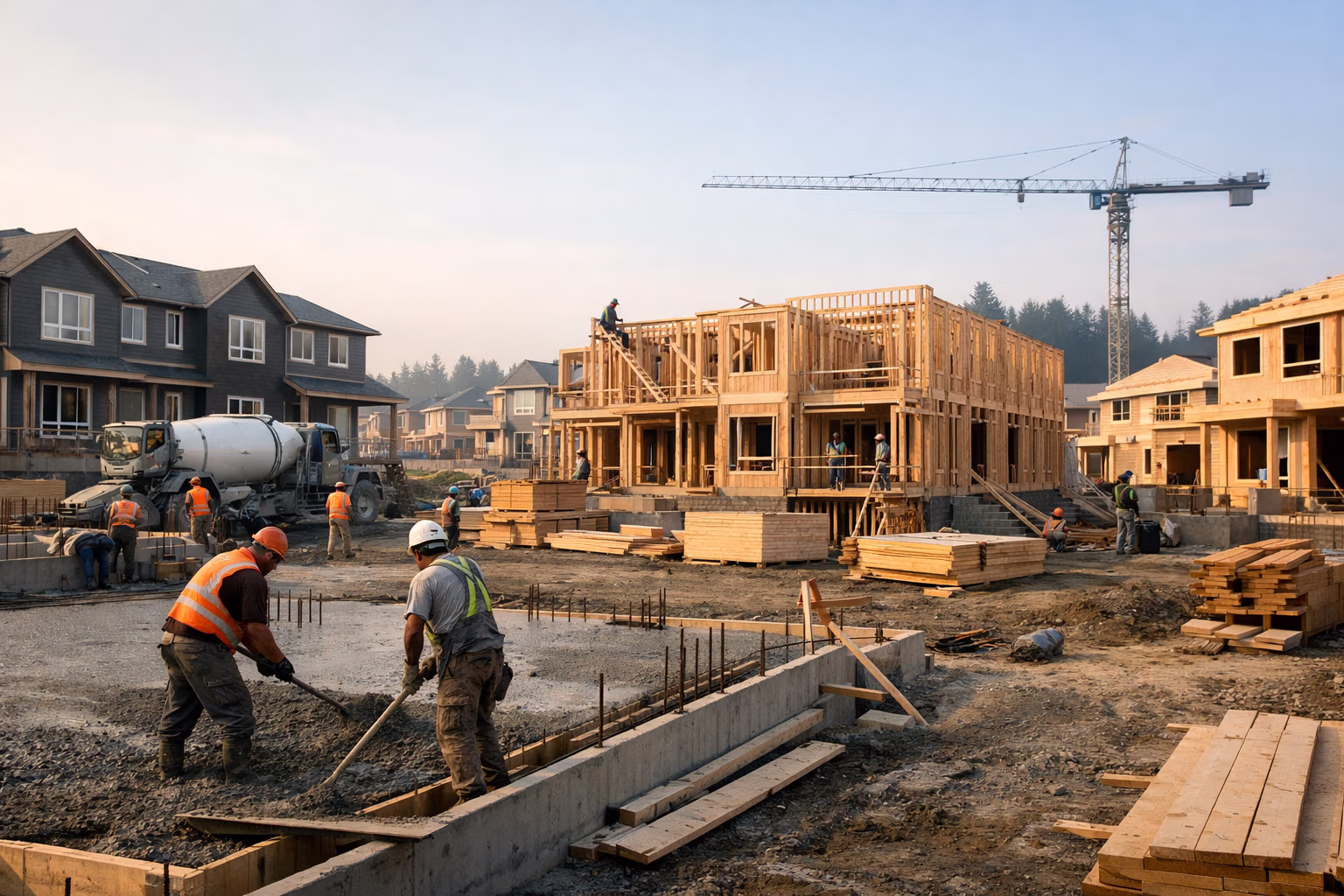 Canadian construction project timeline board with draw milestones and funding checkpoints in a realistic site office