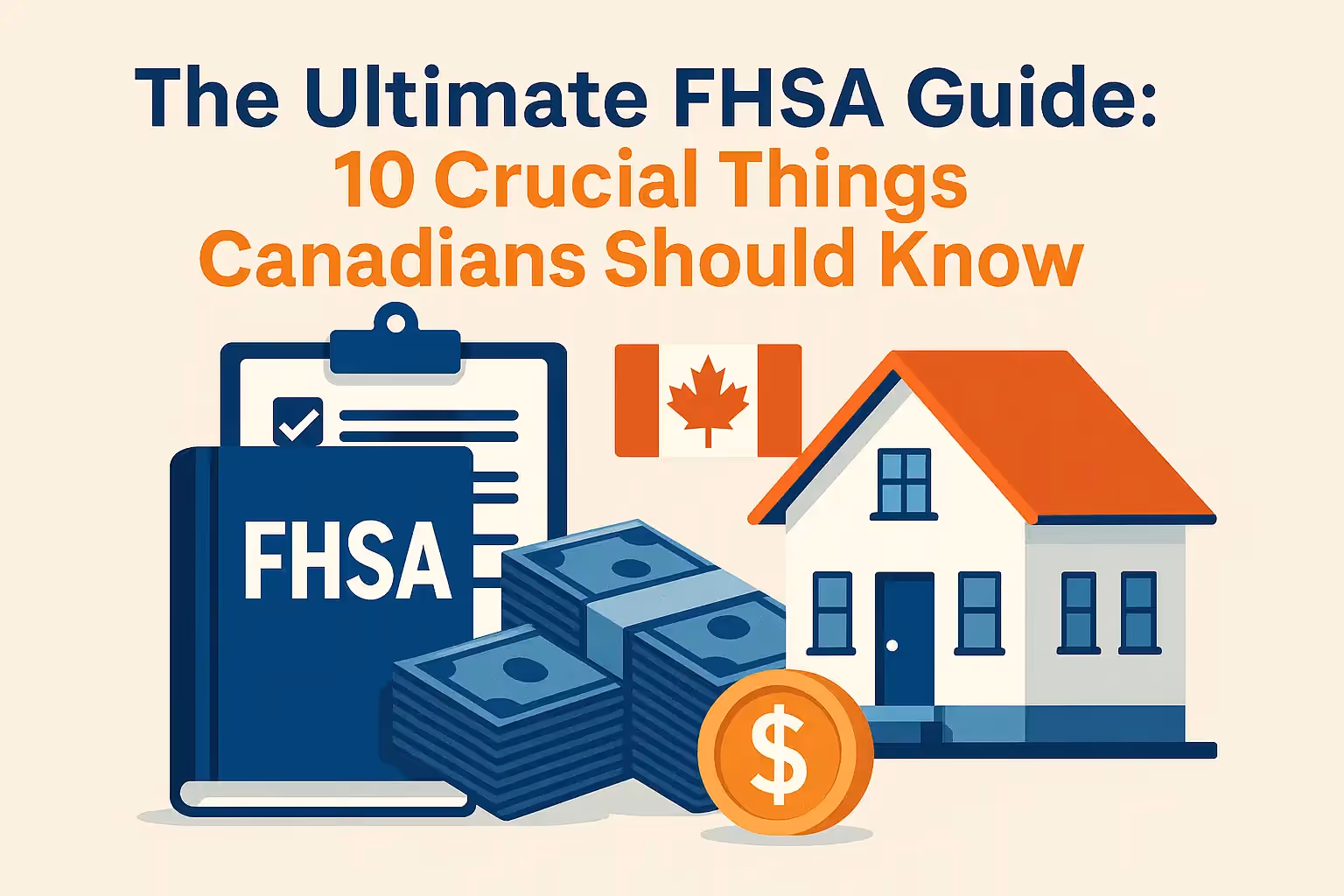 Illustration of a house, Canadian flag, money stacks, and a clipboard labeled FHSA—symbolizing Canada’s First Home Savings Account benefits.